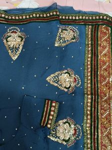 Embroidered Teal Saree with Blouse Piece