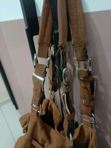 Brown Suede Hobo Bag with Flower Detail