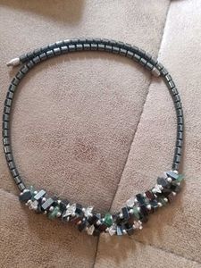2 piece vintage hematite beaded necklace with gree