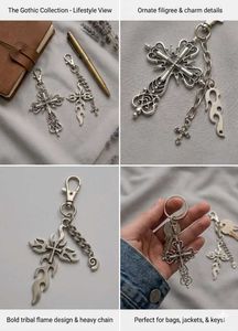Gothic Cross & Flame Charm Keychain