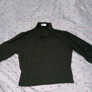 Green Striped Mock Neck Top