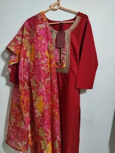 Elegant Red Kurta Set with Floral Dupatta