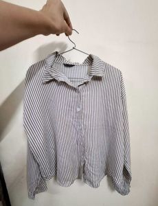 Beige &amp; White Striped Oversized Button-Down Shirt