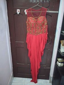 Elegant Red Embroidered Jump Suit