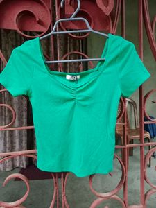 New Distressed Jeans With Green Ribbed Crop Top