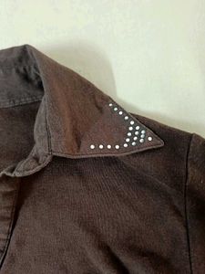 Brown Collared Long Sleeve Top