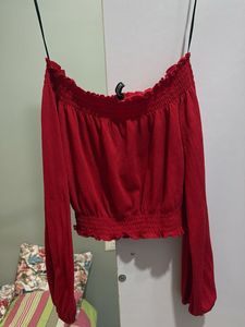 Red Off-Shoulder Smocked Crop Top