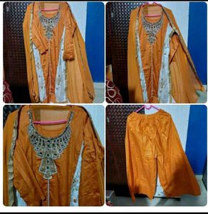 Orange Kurta Set with Embellished Neckline