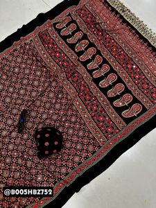 Mirror Work Ajrakh Embroidered Saree