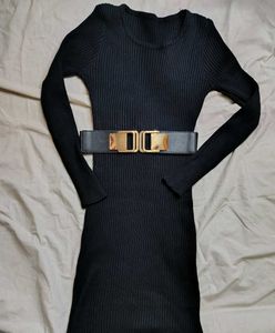 Black Ribbed Knit Dress with Belt