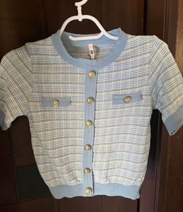 Blue &amp; White Checked Knit Top