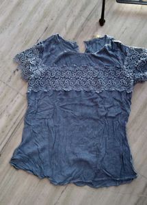 Blue Lace Trim Short Sleeve Top