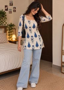 Cream Printed Short Kurti