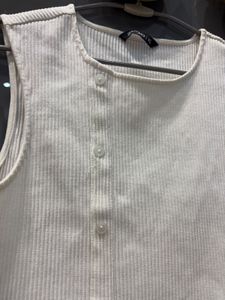 White Ribbed Button-Up Sleeveless Top