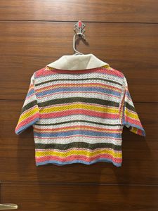 Colorful Striped Knit Collared Top