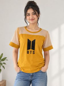 Mustard Yellow BTS Printed Sheer Crop Top – Size M