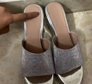 Sparkly Silver Wedge Slides