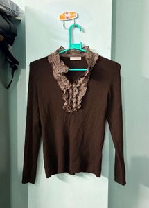 Brown Ruffle Neck Long Sleeve Top