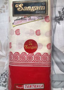 Red printed White Saree