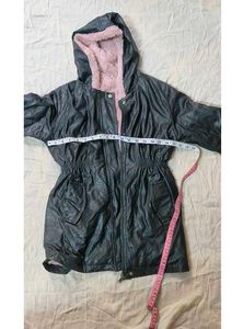 Black Faux Leather Parka with Pink Fur Trim