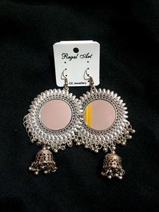 Regal Art Oxidised Real Mirror Jhumka Earrings🩶
