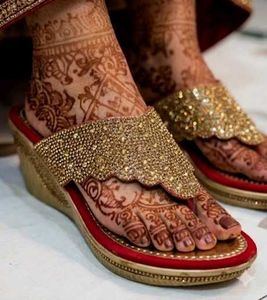 Elegant Golden & Red Partywear Sandals