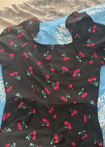 Cherry Print Puff Sleeve Midi Dress