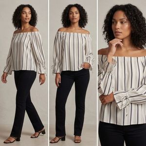 Striped Off-the-Shoulder Top with Tie Cuffs