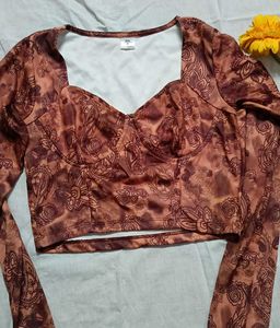 Brown Paisley Print Long Sleeve Crop Top