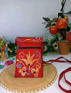 Red Embroidered Small Sling Bag
