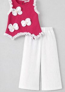 Girls Premium Ribbed Co-Ord Set | Cute Flower Appl