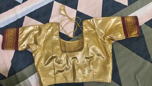 Golden Saree Blouse with Maroon Border