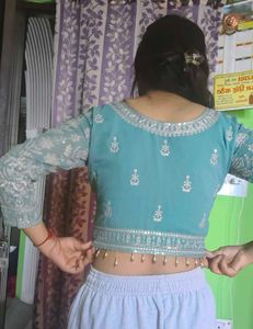 Embellished Teal Crop Blouse