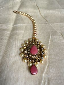 Elegant Pearl Maang Tikka with Pink Stone