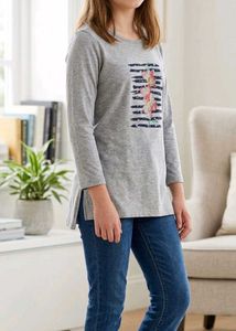 Gray Floral Print  Long Sleeve Top for mild winter