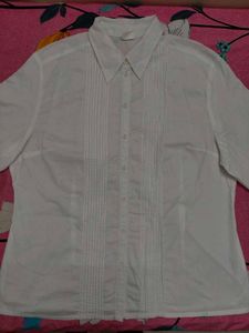 Classic White Pleated Button-Down Shirt