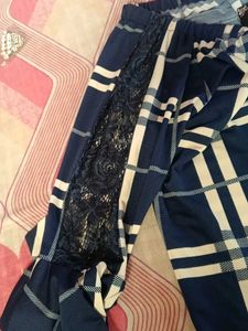 Navy Blue Plaid Off-Shoulder Top