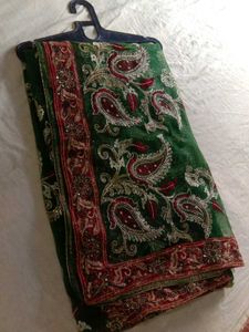 Green &amp; Red Embroidered Saree