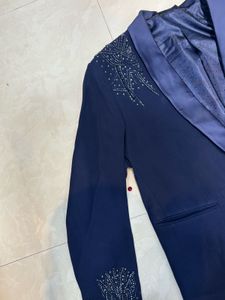 Men's Navy Blue Blazer with Embellished Collar