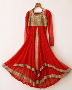 Stunning Rustd& Gold Embroidered Ethnic tail Gown