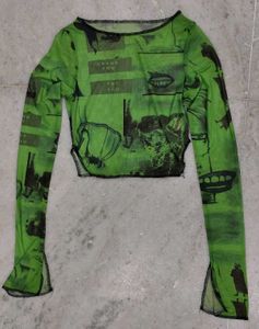 Green Graphic Mesh Long Sleeve Top