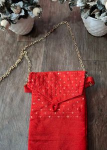 Red Sequined Clutch Bag with Gold Chain