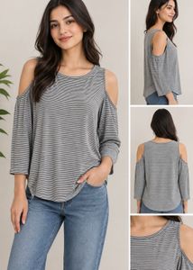 Striped Cold Shoulder Long Sleeve Top