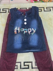 Kids "Happy" Denim Top & Burgundy Pants Set