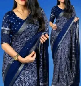 New Mrignayni  Blue Printed Saree With Blouse Piec
