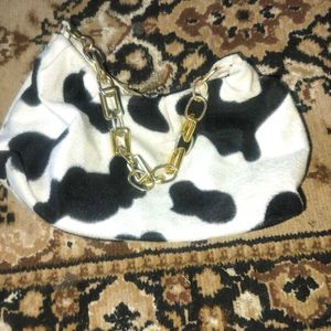 Cow Print Shoulder Bag with Gold Chain