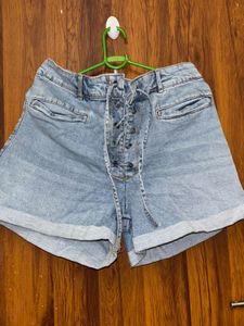 Light Wash Denim Lace-Up Shorts