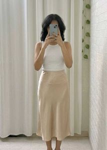 Beige Satin Midi Skirt