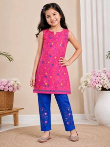 Vibrant Pink Embroidered Kurta with Blue Pants