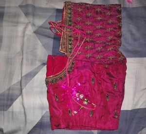 Rose Silk blouse with Zari &amp; Emerald Stone